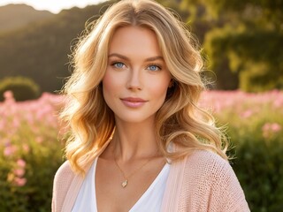 A woman with blonde hair and blue eyes, wearing a white top and a pink cardigan, stands in a field of pink flowers, smiling at the camera.