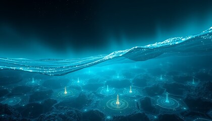 Underwater Futuristic Network Glowing Towers Ocean Surface Digital