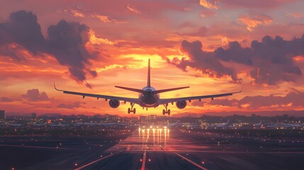 Airport at sunrise offers a breathtaking panoramic view of a bustling tarmac, with planes taxiing...