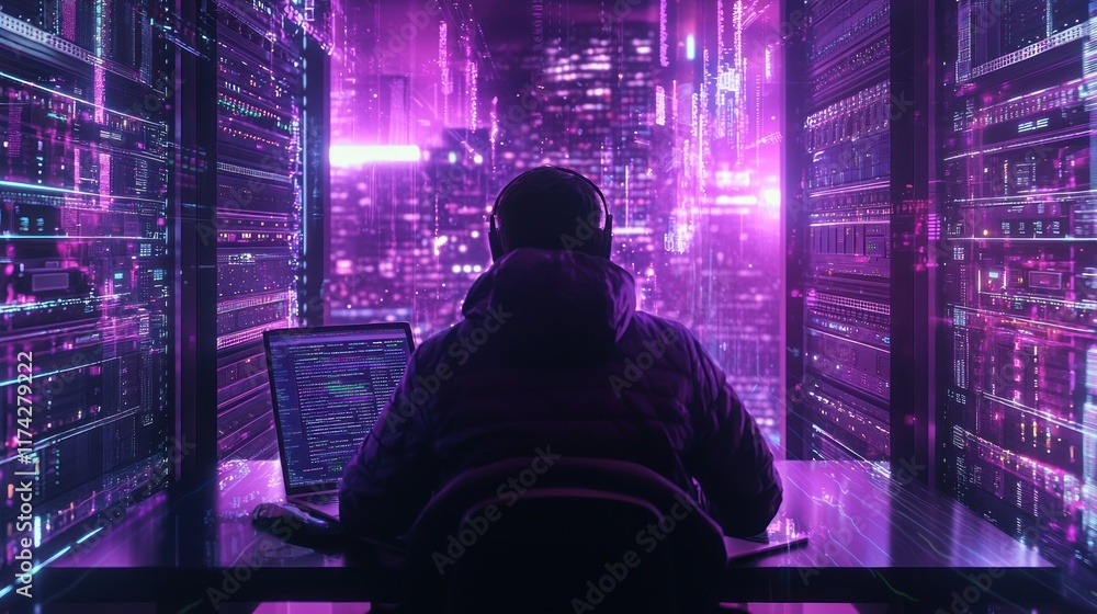 Poster cyberpunk hacker in server room with neon city view