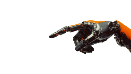 Hand of a robot or cyborg pointing, isolated on transparent background