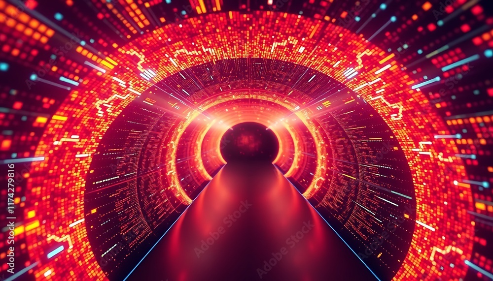 Poster glowing red digital tunnel data stream visual abstract art