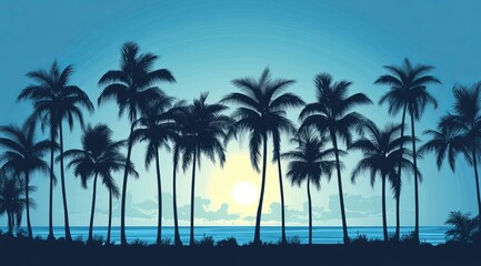 Fototapeta premium Beautiful sunrise view with view of palm trees and mountains retro neon color