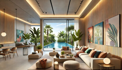 Fototapeta premium A modern living room with a view of the sea A resting space in harmony with nature A lounge with tropical charm The aesthetics of sophisticated indoor-outdoor connection 