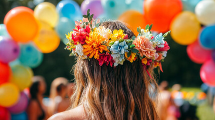 Naklejka premium The image shows a person with long, wavy hair, adorned with a vibrant floral crown, surrounded by a multitude of colorful balloons in the background, suggesting a festive atmosphere