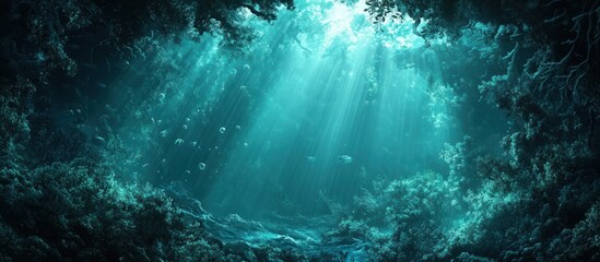 Fototapeta premium Breathtaking underwater seascape with captivating rays of light piercing through the azure waters illuminating the lush and vibrant underwater foliage