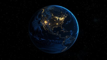 Obraz premium Global network connectivity at night, illuminating Earth from space, with glowing lines showcasing North America, South America, Europe, Africa, Asia, and the Middle East