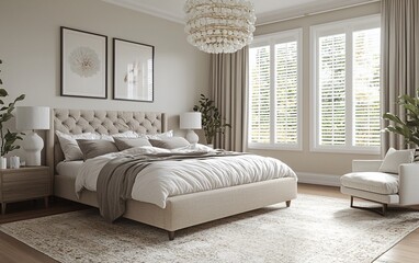 Luxurious bedroom with king-size bed, beige color scheme, and natural light.