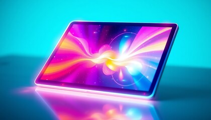 Vibrant Tablet Displaying Abstract Neon Galaxy Artwork