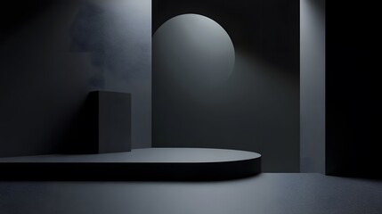 An abstract, dark studio room with a spotlight background, providing a minimalist and versatile setting for product showcases in HD and realistic detail