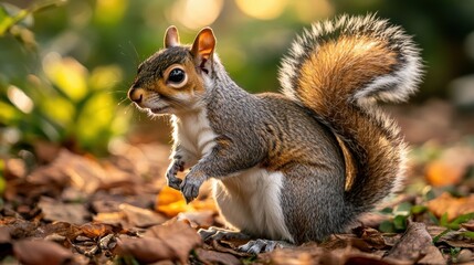 Obraz premium A lively squirrel poses amidst fallen leaves, showcasing its bushy tail and curious expression in a sunlit forest setting.