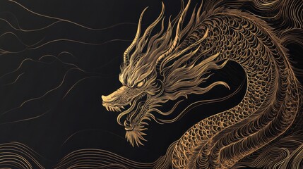 Obraz premium A minimalist line art design of a golden dragon, its sharp contours and intricate patterns contrasting vividly against a black backdrop, emphasizing its mythical presence.