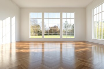 Vintage Style Banquet Hall with Parquet Flooring and Large Windows