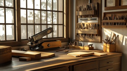A neatly arranged woodworking station featuring a vintage hand planer, surrounded by tools and freshly finished wooden pieces, illuminated by natural light
