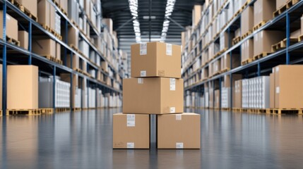Stacked cardboard boxes inside a modern warehouse with organized shelves and bright lighting
