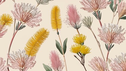 Australian native flowers in pastel and yellow hues