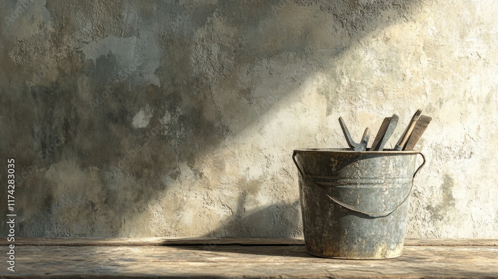 Poster a weathered bucket filled with tools sits against a textured wall, illuminated by soft light, creati