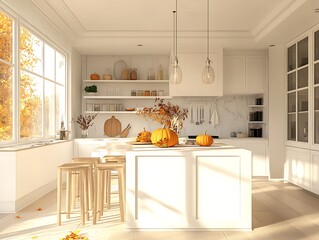 Bright and Cozy Modern Kitchen Decorated for Autumn with Mini Pumpkins, Fall Foliage, and Soft Natural Light Streaming Through the Windows