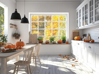 Bright and Cozy Modern Kitchen Decorated for Autumn with Mini Pumpkins, Fall Foliage, and Soft Natural Light Streaming Through the Windows