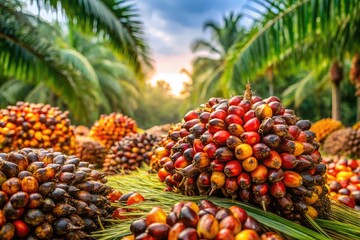 Fresh oil palm bunches: high-resolution images illustrating sustainable agriculture, palm oil production, and plantation management.