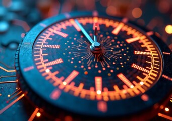 Impressive close-up of a modern clock displaying intricate details in vibrant orange light