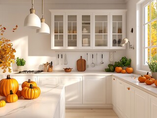 Bright and Cozy Modern Kitchen Decorated for Autumn with Mini Pumpkins, Fall Foliage, and Soft Natural Light Streaming Through the Windows