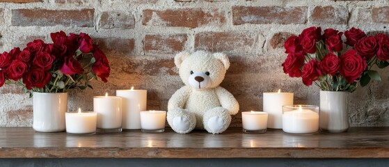 Cozy setup featuring roses, candles, and a teddy bear, surreal, fusion, brick wall background