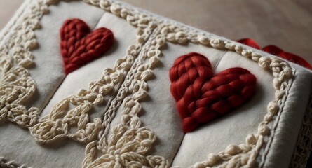 Fototapeta premium Crocheted amigurumi lovely heart, knitted fabric handcraft for love, on a fabric pattern background Valentines day Cute banner