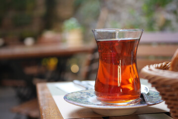 Traditional turkish tea on white table .
