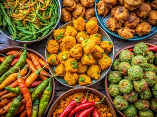 Fototapeta premium Gujarati Roadside Snacks: Pakora, Methi Gotha, & Spices