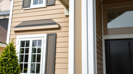 Exterior view of a light beige house with vinyl siding, featuring white-framed windows, a dark brown door, and dark brown window shutters.  A small evergreen shrub is visible to the left.