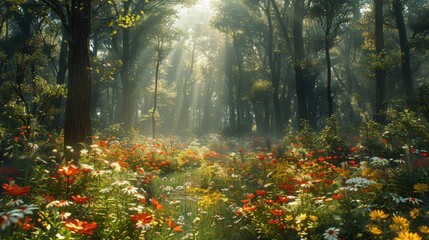 Obraz premium A serene forest scene filled with vibrant flowers and soft sunlight.