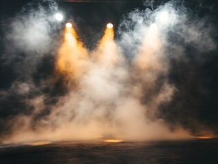 Obraz premium Bright White Spotlights Shining Through a Foggy Stage Setting, Perfect for Theater, Concerts, and Dramatic Event Backgrounds