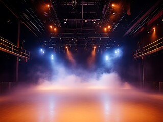 Bright White Spotlights Shining Through a Foggy Stage Setting, Perfect for Theater, Concerts, and Dramatic Event Backgrounds