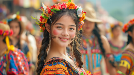 Fototapeta premium A girl in colorful traditional attire with a floral headpiece, celebrating cultural heritage in a lively festive event