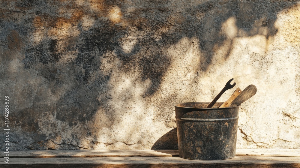 Poster a rustic bucket with tools rests against a weathered wall, casting shadows, evoking a sense of labor