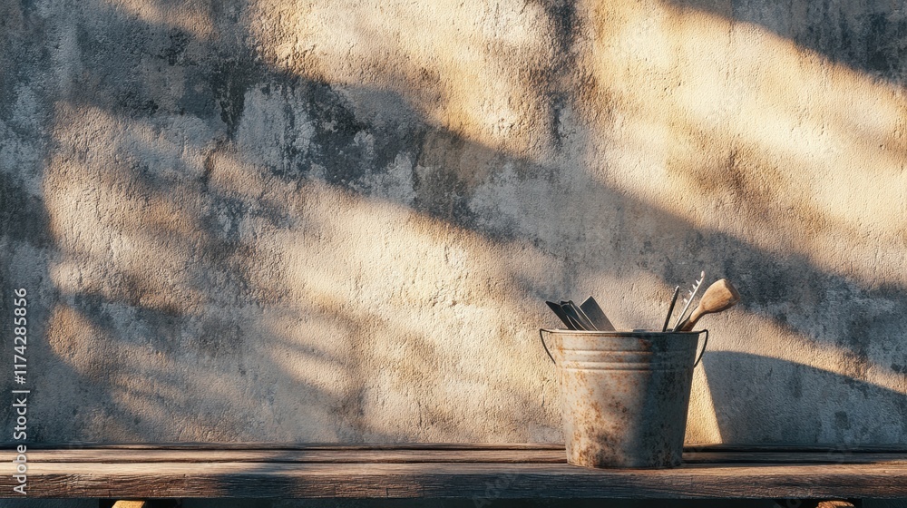 Aufkleber a rustic scene featuring a weathered wall and a bucket filled with tools, illuminated by soft, dappl