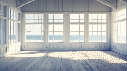 An empty beach house apartment with wooden floors and a sea view from windows, providing a serene and spacious setting with ample copy space for various creative uses