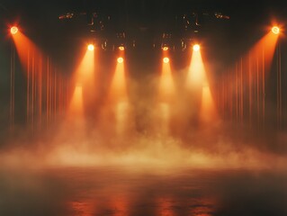 Bright White Spotlights Shining Through a Foggy Stage Setting, Perfect for Theater, Concerts, and Dramatic Event Backgrounds