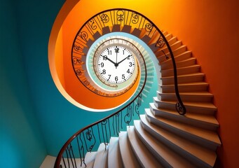 Spiral staircase with clock artwork blending time and space in an artistic design