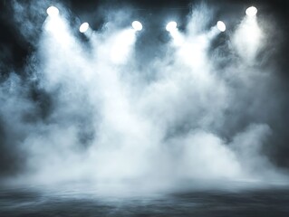 Bright White Spotlights Shining Through a Foggy Stage Setting, Perfect for Theater, Concerts, and Dramatic Event Backgrounds