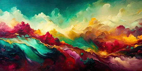 High-resolution digital art: a lively, panoramic abstract painting in striking jade and burgundy hues.