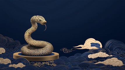 Golden Snake on a Platform with Clouds and Waves on a Blue Background. Chinese New Year. Lunar New Year. Shio 2025