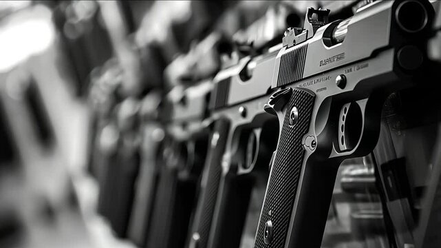 A row of handguns hanging on a wall in a gun shop