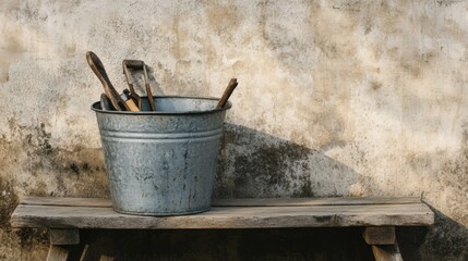 Fototapeta premium A rustic wooden stool holds a metal bucket filled with gardening tools, set against a weathered wall, creating a charming, vintage aesthetic.