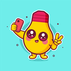 happy bulb lamp character mascot taking a selfie with a smartphone isolated cartoon 