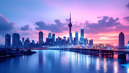 Obraz premium well bridge tranquil river sunset sky building background