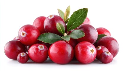 Fresh cranberries with leaves isolated on white. These vibrant red berries are perfect for festive recipes or healthy snacks.