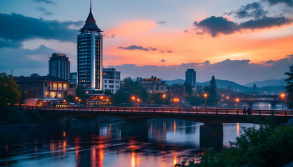Fototapeta premium well bridge tranquil river sunset sky building background