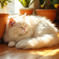 Obraz premium White Cat Sleeping in Sunlight